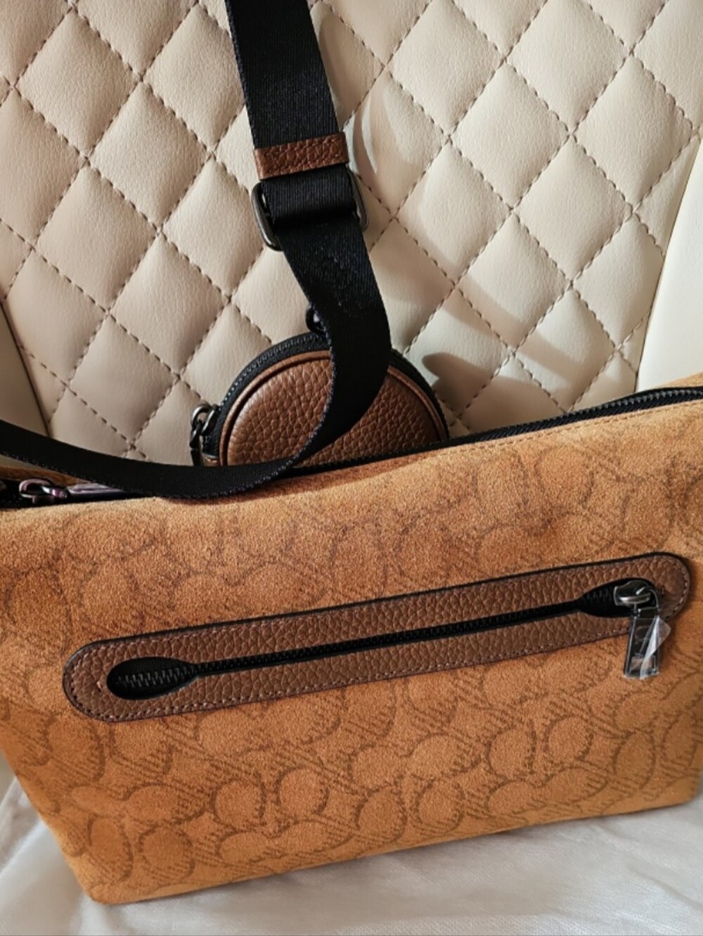 Coach Brown Tan Signature Crossbody Bag with Black Strap